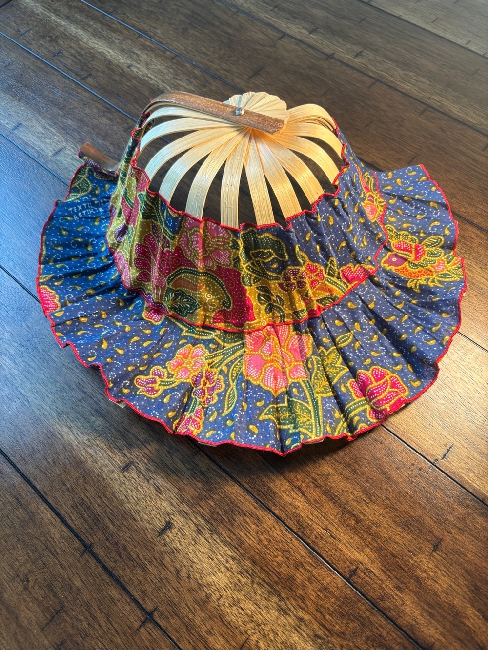 Vintage Balinese Bamboo Folding Sun Hat Fan 2-in-1 Indonesian Batik Pattern